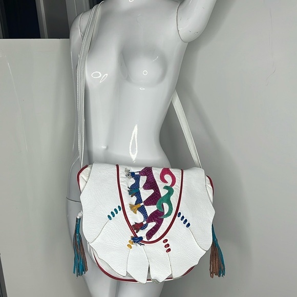 1980’s White Leather Multicolor Snakeskin Color Block Flap Ziptop Crossbody Bag - Picture 1 of 12